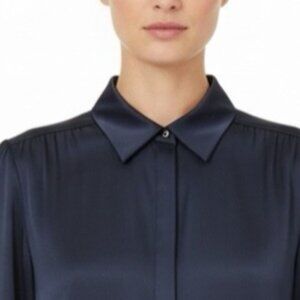 Brooks Brothers Womens Navy Satin Button-Up Collared Blouse Size 12 - New